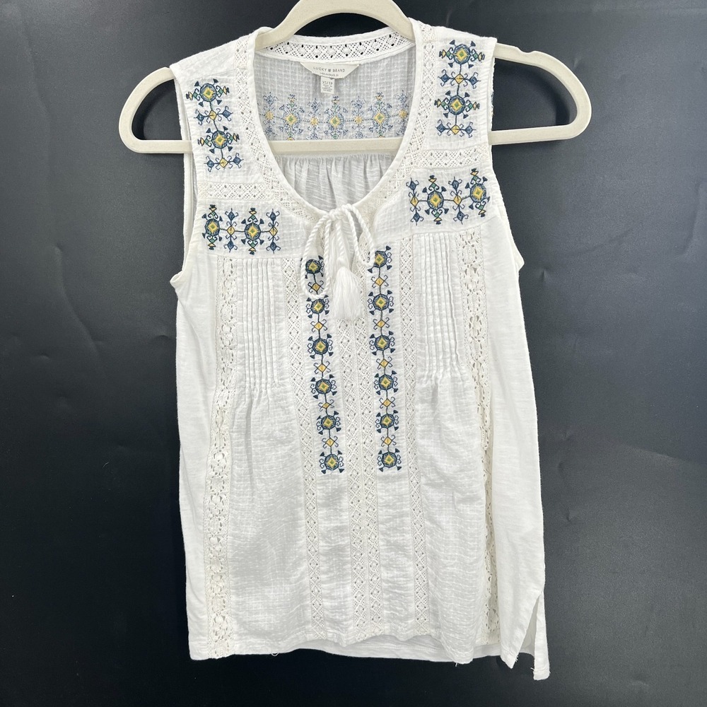 Lucky Brand white embroidery peasant tank top blouse boho pintuck eyelet lace XS